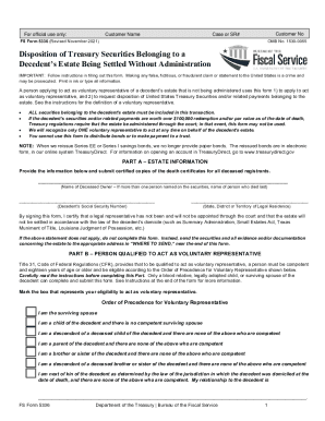 FS FORM 5336 - Disposition of Treasury Securities Belonging to a Decedent’s Estate Being Settled Without Administration