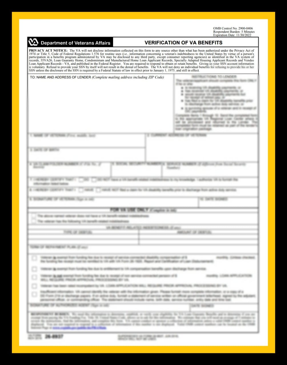 VERIFICATION OF VA BENEFITS FORM (DEPARTMENT OF VETERANS AFFAIRS)