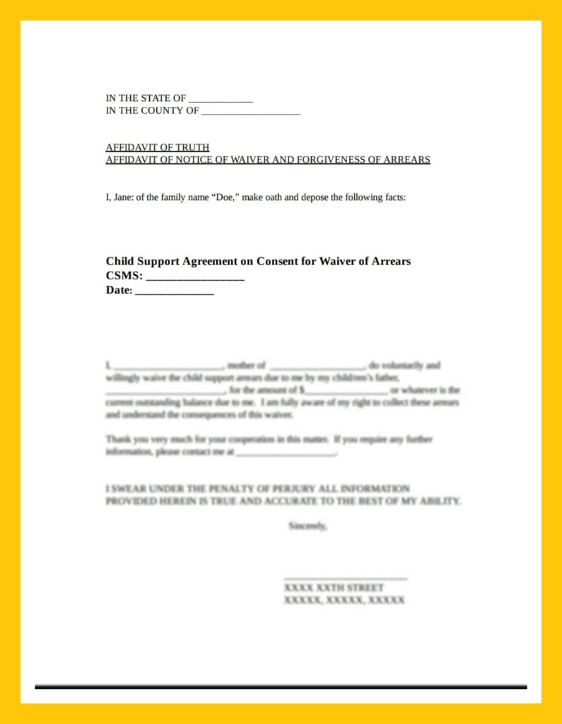 AFFIDAVIT OF NOTICE OF WAIVER AND FORGIVENESS OF ARREARS