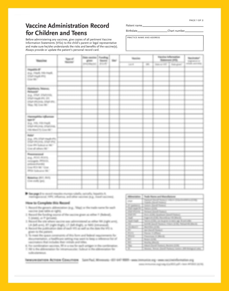 Vaccine Administration Record  for Children and Teens
