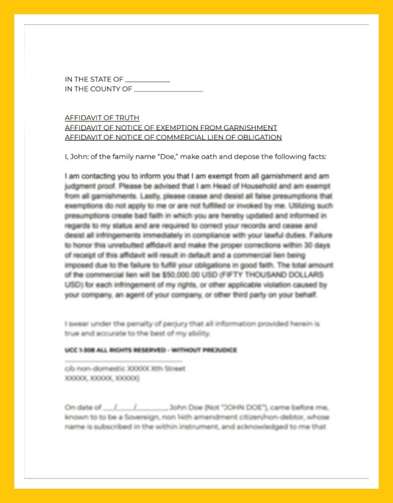 AFFIDAVIT OF NOTICE OF EXEMPTION FROM GARNISHMENT