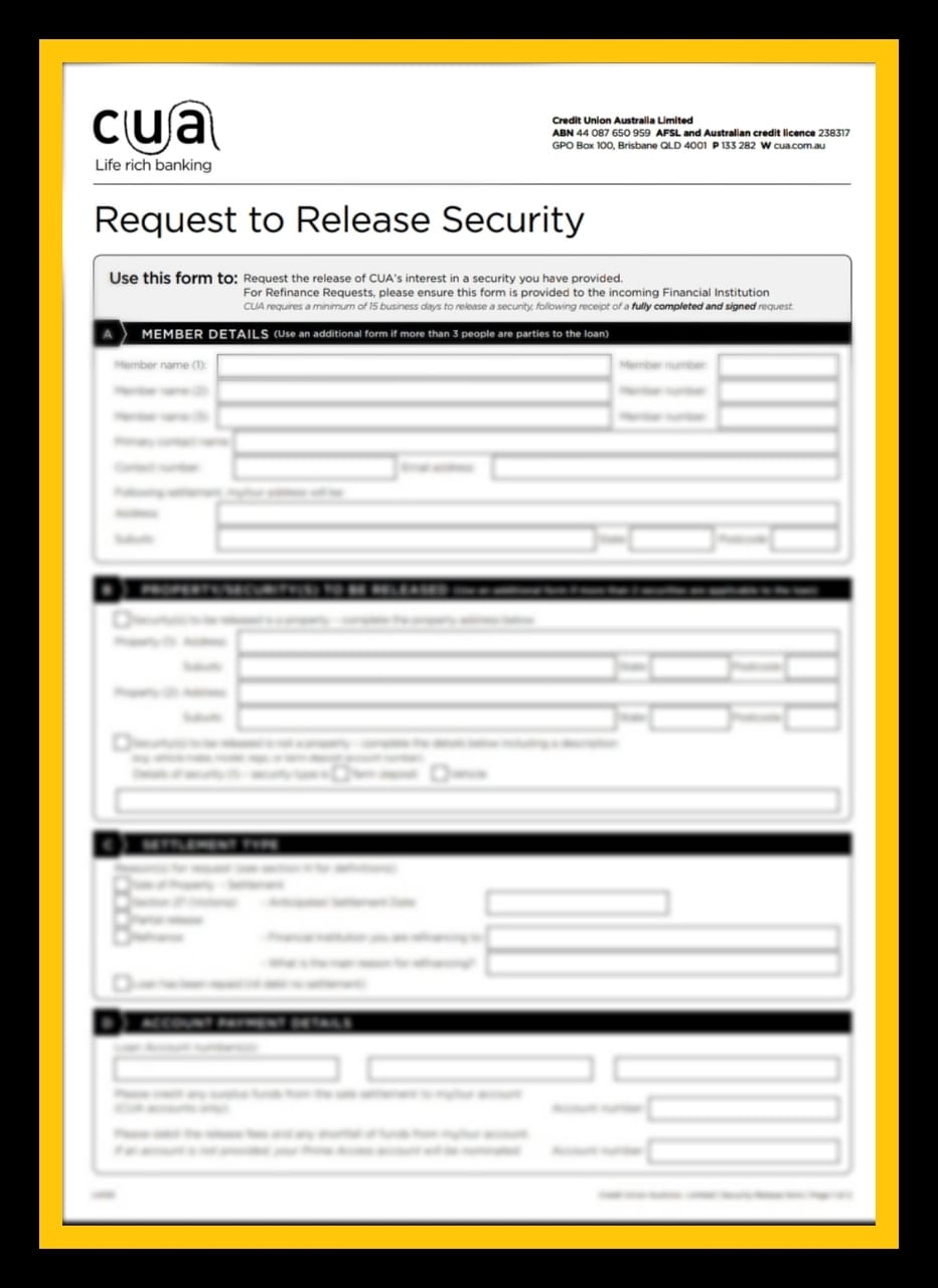 REQUEST TO RELEASE SECURITY FORM (AUSTRALIA CREDIT UNION)