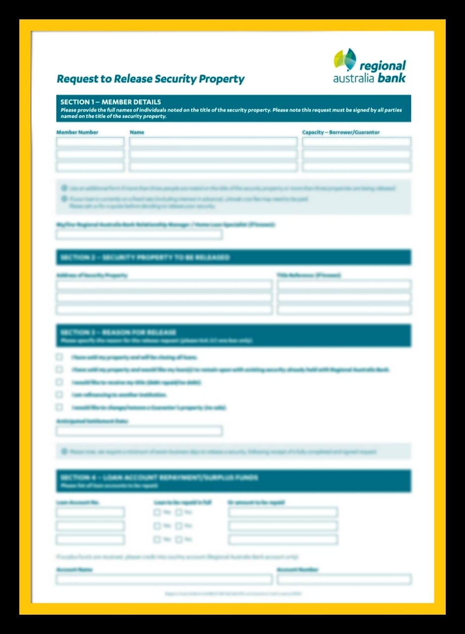 Request to release security property (Australia - Regional Australia Bank Form)