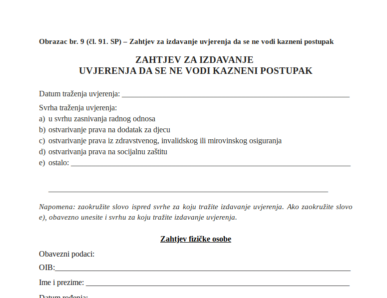 (Croatia) Request For The Issuance of a Certificate That No Criminal Proceedings Are Being Conducted