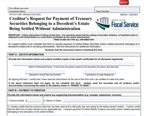 FS FORM 1050 - Creditor’s Request for Payment of Treasury Securities Belonging to a Decedent’s Estate Being Settled Without Administration