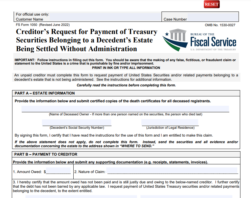FS FORM 1050 - Creditor’s Request for Payment of Treasury Securities Belonging to a Decedent’s Estate Being Settled Without Administration
