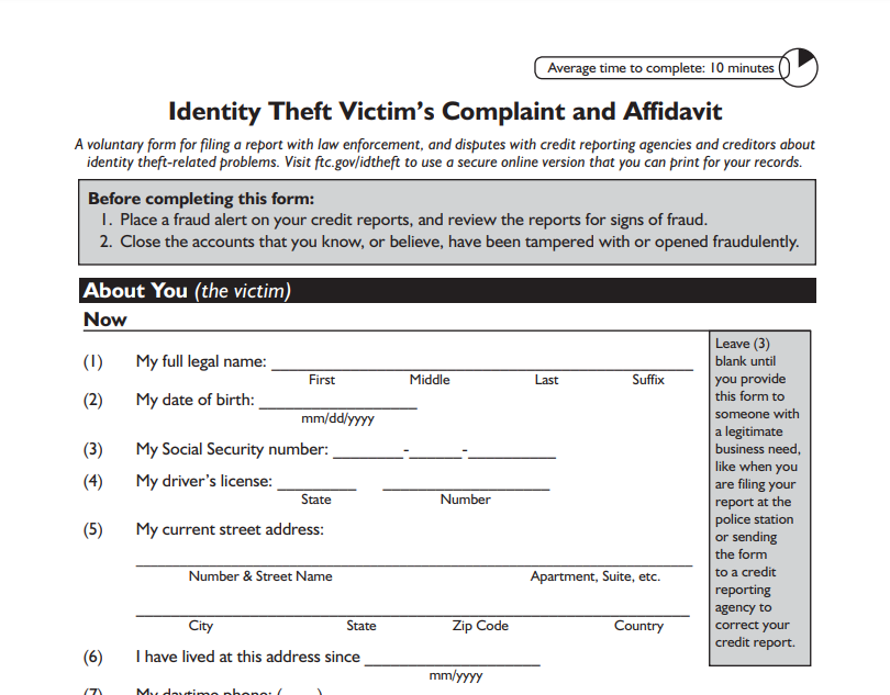 Identity Theft Report Form (For Default Judgments, Debts, Paternity Court, and More)