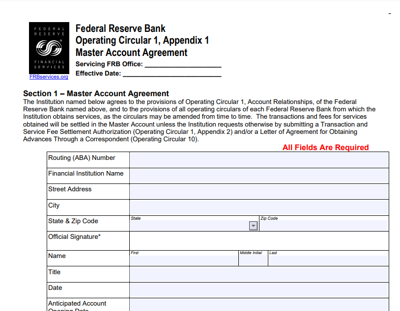 Federal Reserve Master Account Agreement (OC1, Appendix 1)