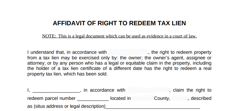 SAMPLE AFFIDAVIT OF RIGHT TO REDEEM TAX LIEN