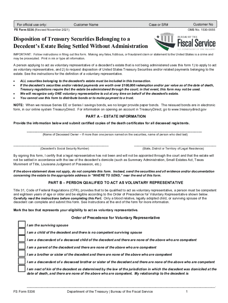 FS FORM 5336 FILING SERVICE (CLAIM SECURITIES BELONGING TO A DECENDENT'S ESTATE)